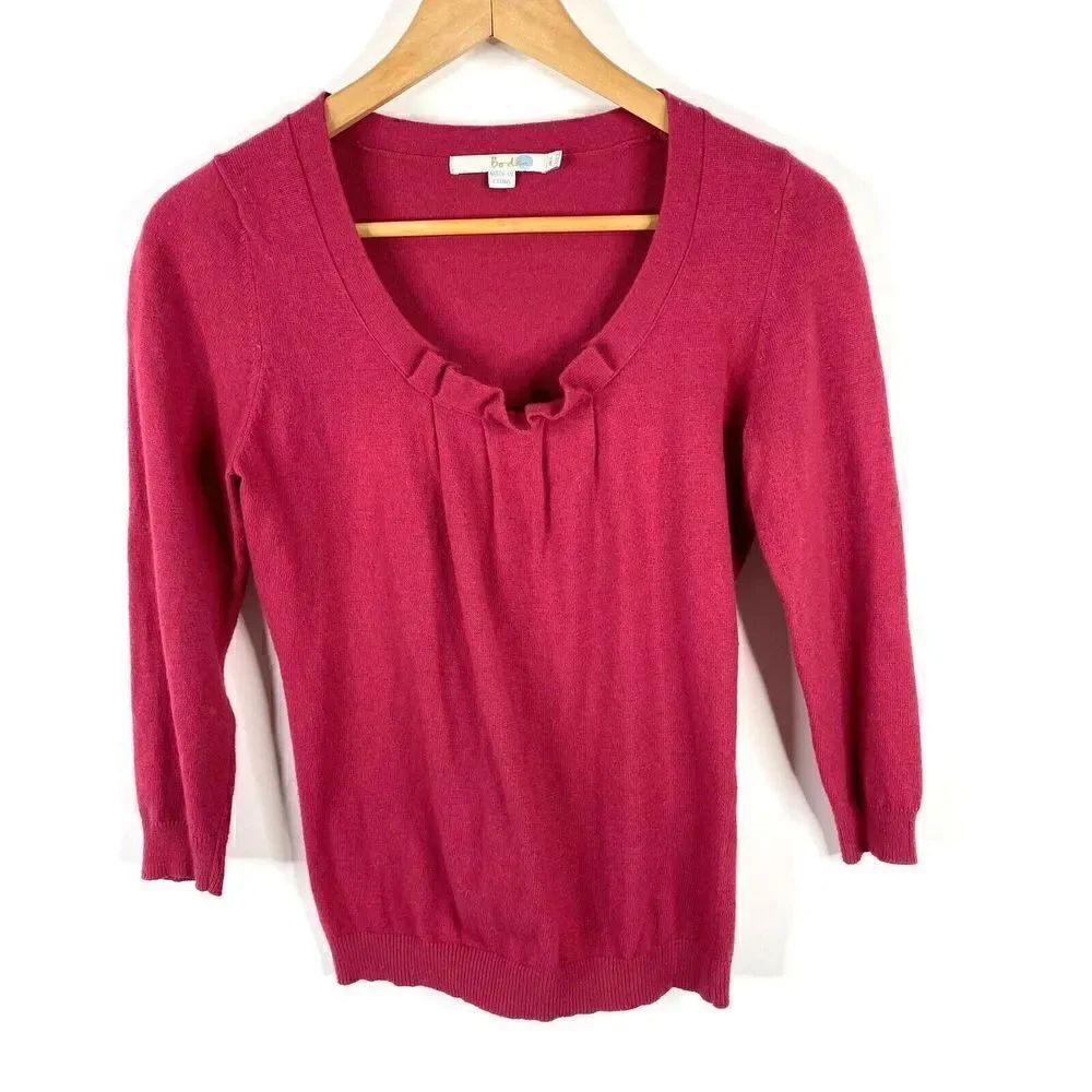 Boden Sweater Size 2 Womens Pink Pleat Ruffle Neck 3/4 Sleeve Cotton Cashmere